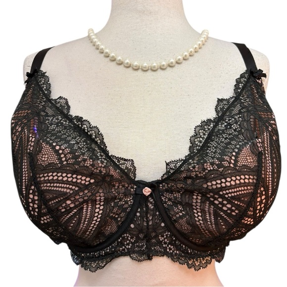 Cacique Other - Cacique Black Pink Lightly Lined French Balconette Lace Padded underwire Bra